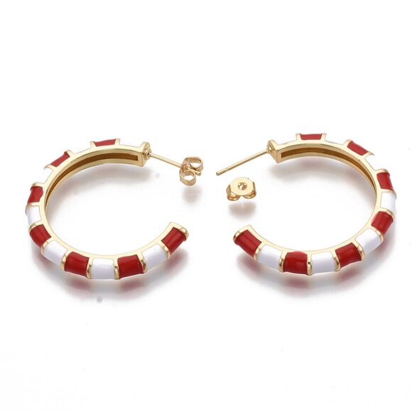 Bamboo Style C shaped  half circle Stud hoop enamel Earrings red white real gold - Picture 3 of 3
